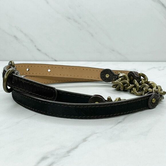 J. Crew Brown Leather Fur Chain Belt - Size Medium M | Gold Hardware - Picture 3 of 11